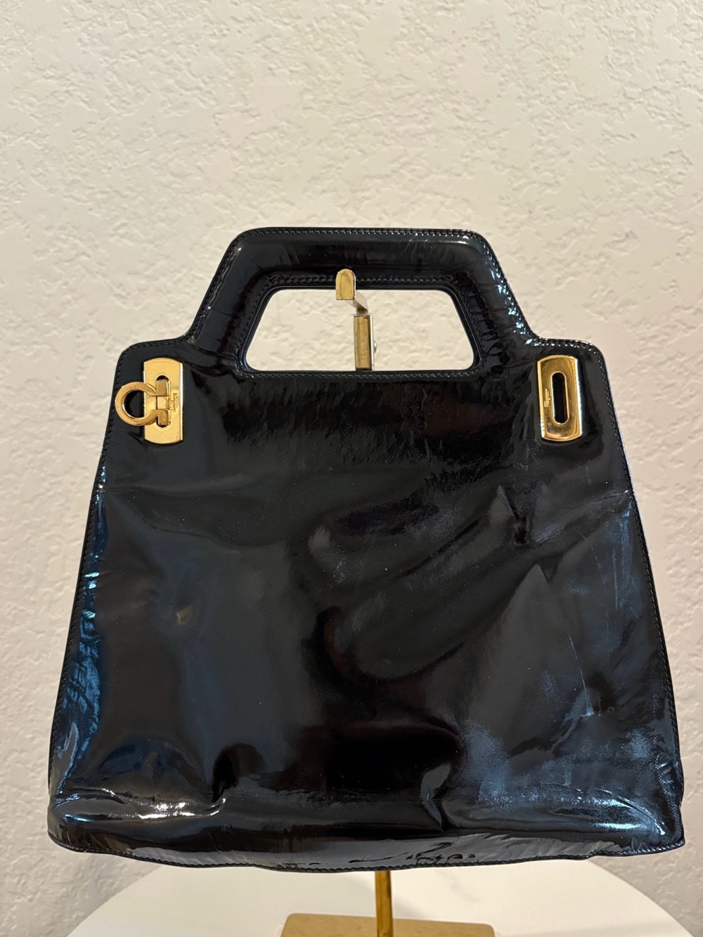 Salvatore Ferragamo Black
Patent Leather Top-Handle Bag